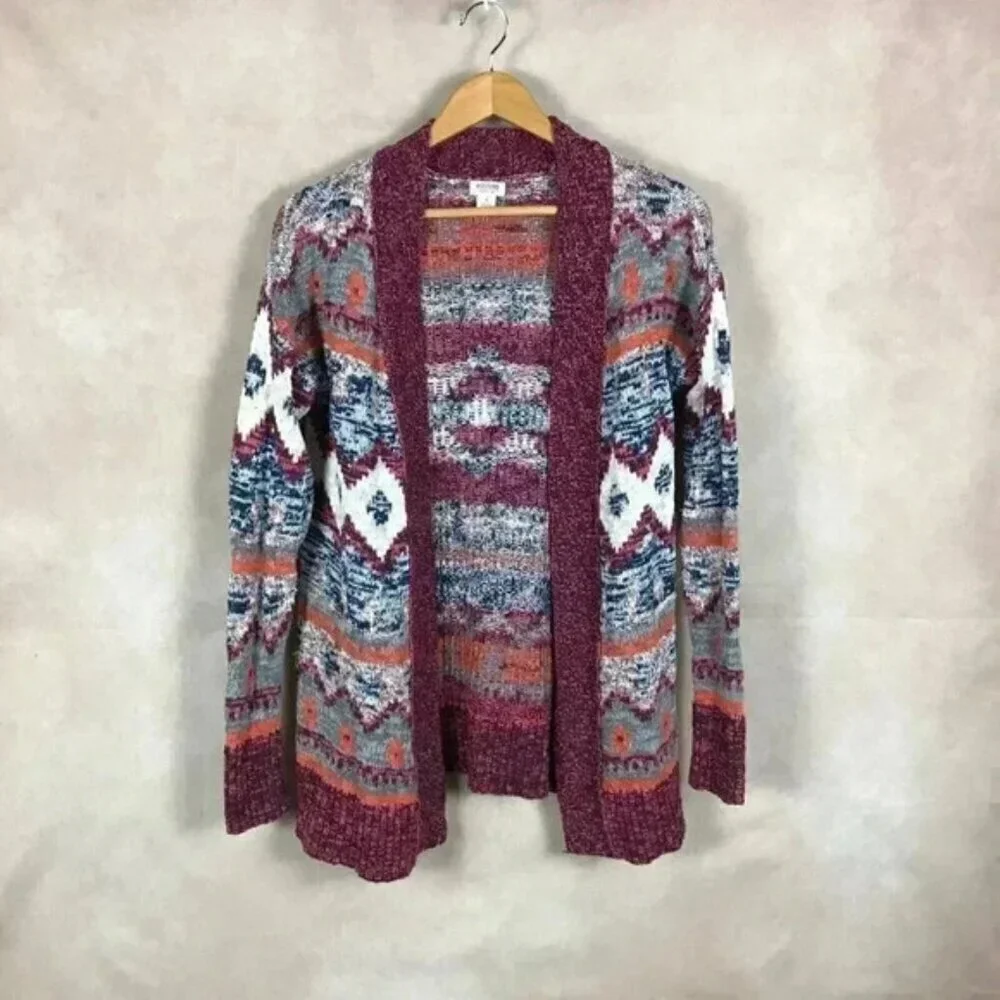 MOSSIMO Tribal Pattern Burgundy Cardigan Size SMALL